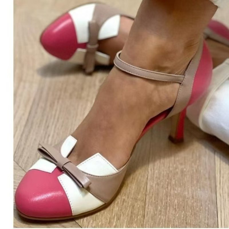Women Shoes Model - 2026年新作サマースティレットサンダル ラウンドトゥ スプライスヒール ボウ ホローストラップ レディースシューズ