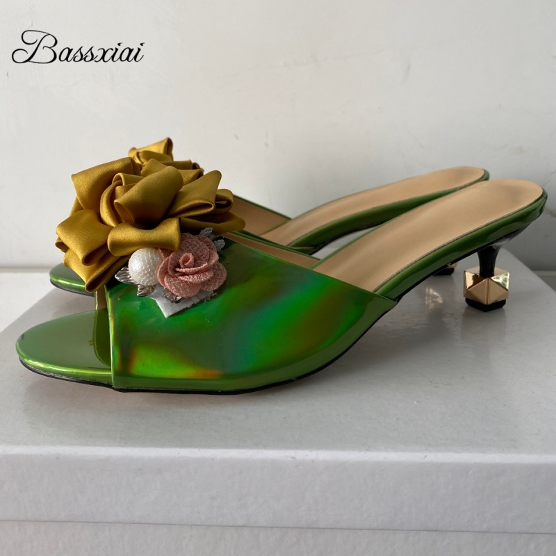 Women'S Shoes Kitten Heels - クリスタル装飾ハンドメイドフラワーサンダル レディース ユニークリベット キトゥンヒール パテントレザー スリングバック