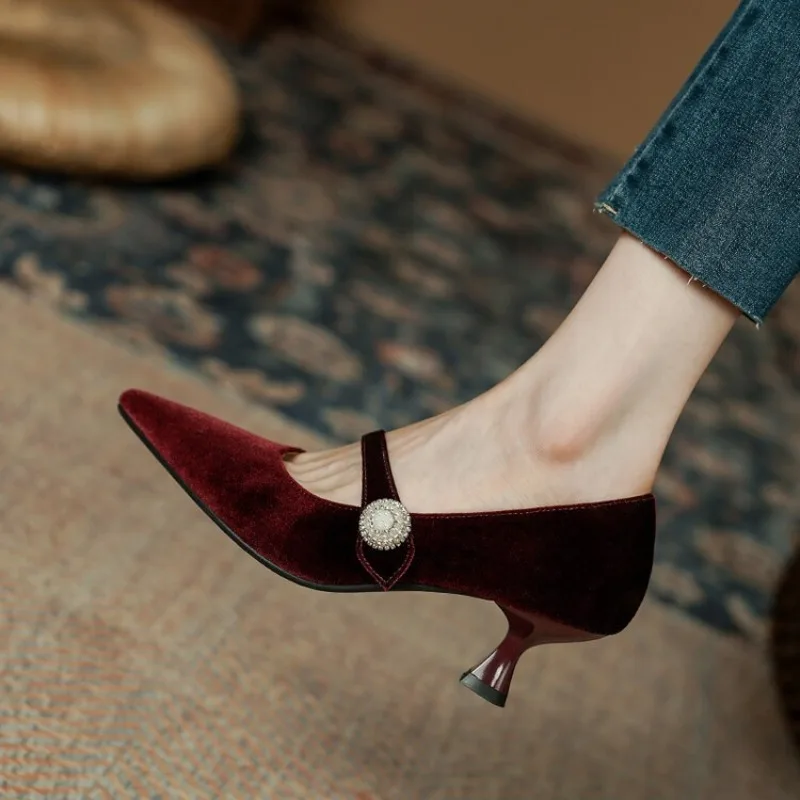 Women Shoes Size - ワインレッド ポインテッドトゥ メリージェーンシューズ レディース ヴィンテージ ワンバックル