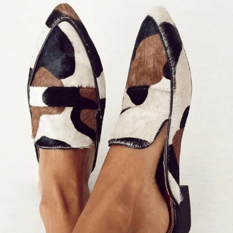 Women Shoes Size - 英国風2026年春秋新作おしゃれなポインテッドトゥ34-43浅履き牛柄カジュアルレディースシューズ