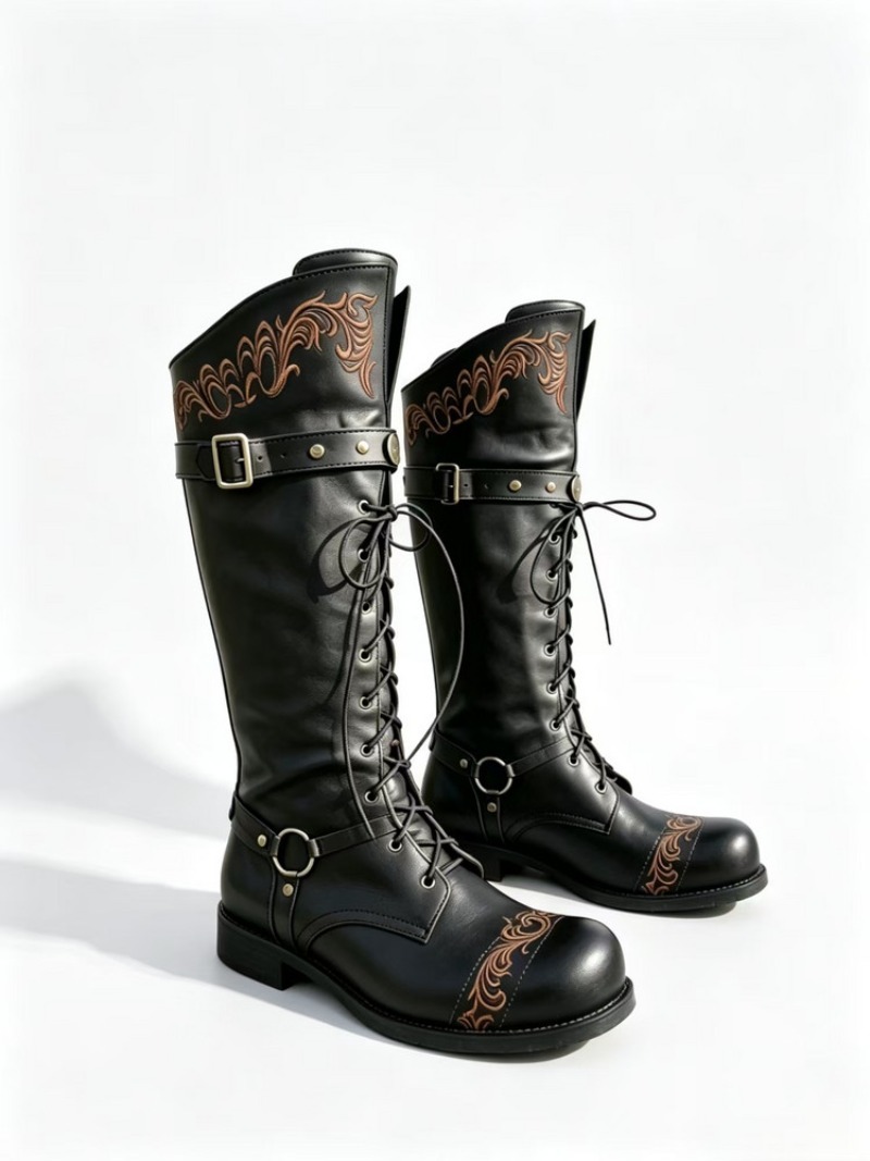 Women'S Shoes Easy Street - 女性ニーハイブーツ秋冬レースアップ刺繍セクシーな PU レトロバックル靴レディースオートバイスノーブーツプラスサイズ 38-50