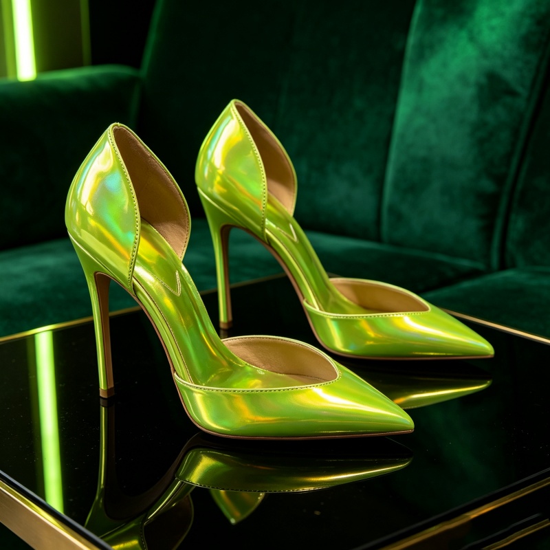 Women Shoes Model - セクシーなナイトクラブ用フットウェア、蛍光レーザーグリーン、V字開口ホローシューズ、レディース12cm薄型ヒールハイヒール