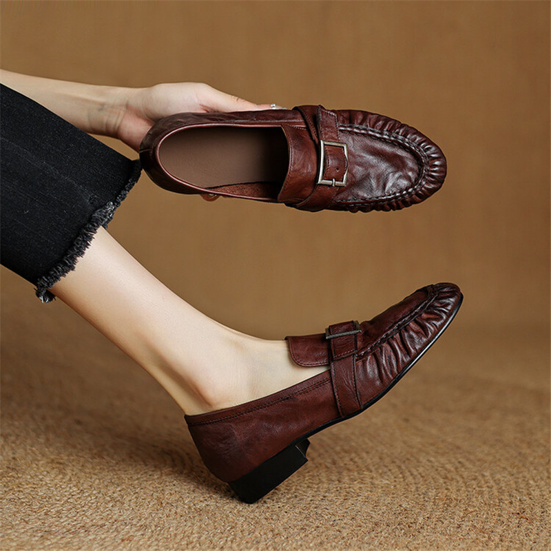 Women Shoes Size - 女性用本革モカシン,丸いつま先の靴,プリーツパンプス,厚手のヒール,ファッション,秋,新品