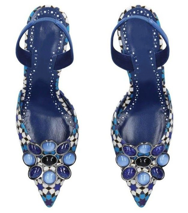Women'S Shoes Kitten Heels - 女性用幾何学模様モザイクプリントスリングバックサンダル、ポインテッドトゥ、宝石と花の装飾、カーブしたキトゥンヒール、イブニングドレスシューズ