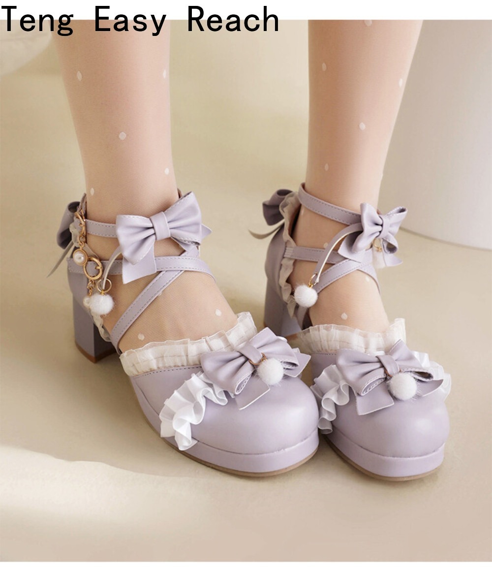Women'S Shoes Easy Street - 女性の白いメリージェーンサンダルピンクパープルちょう結びレースクロスアンクルホワイトフリルOLハイヒールロリータパーティーシングルシューズ新しい