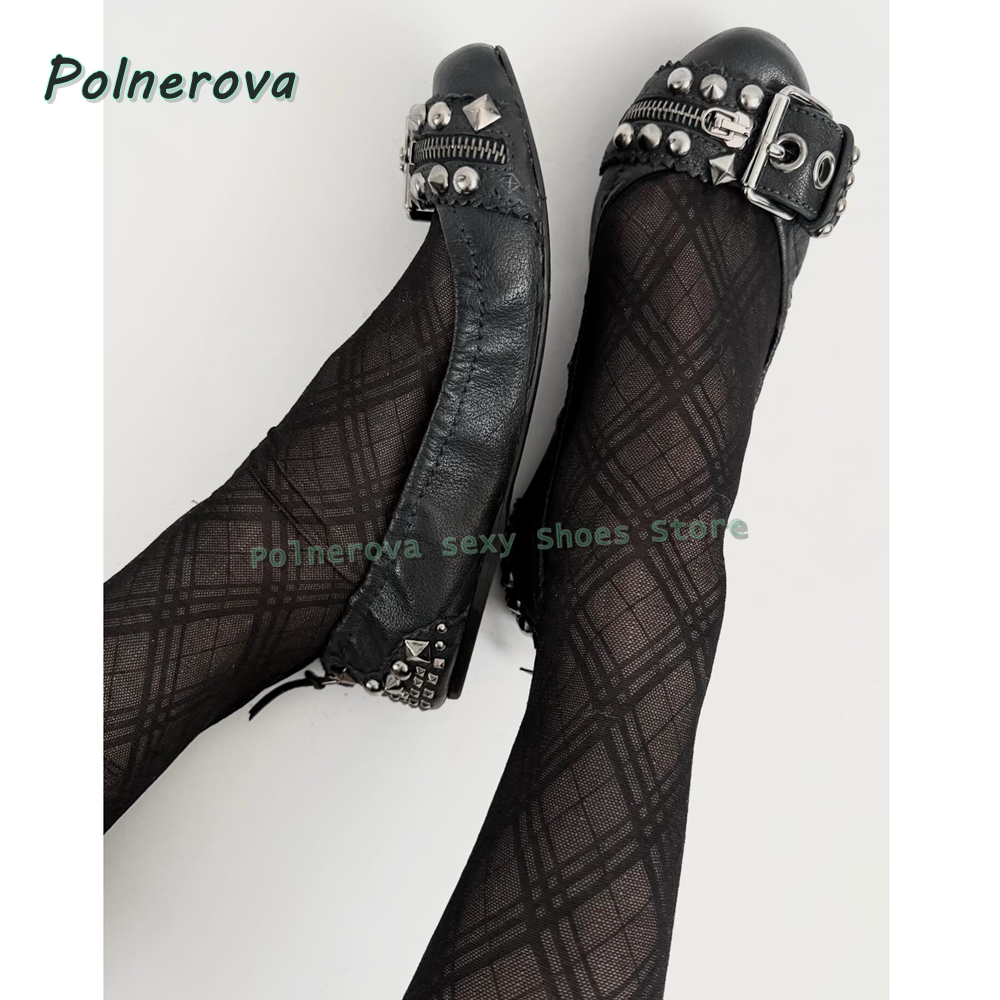 Women Shoes Size - リベットベルトバックル付きメリージェーンシューズ、ポインテッドトゥ、浅いジッパー装飾、レディースファッションパンプス、2026年春夏シューズ