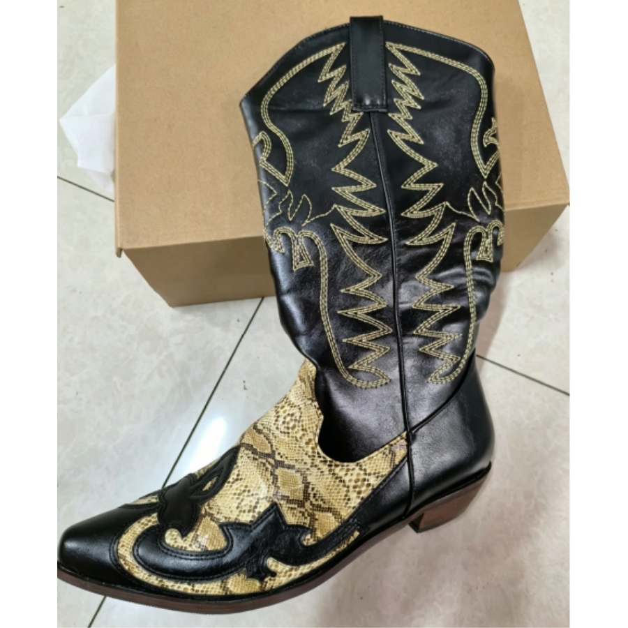 Western Cowgirl Boot - 刺繍入りウエスタンカウボーイブーツ レトロポインテッドトゥ ミッドカーフナイトブーツ メンズ レディース チャンキーヒール
