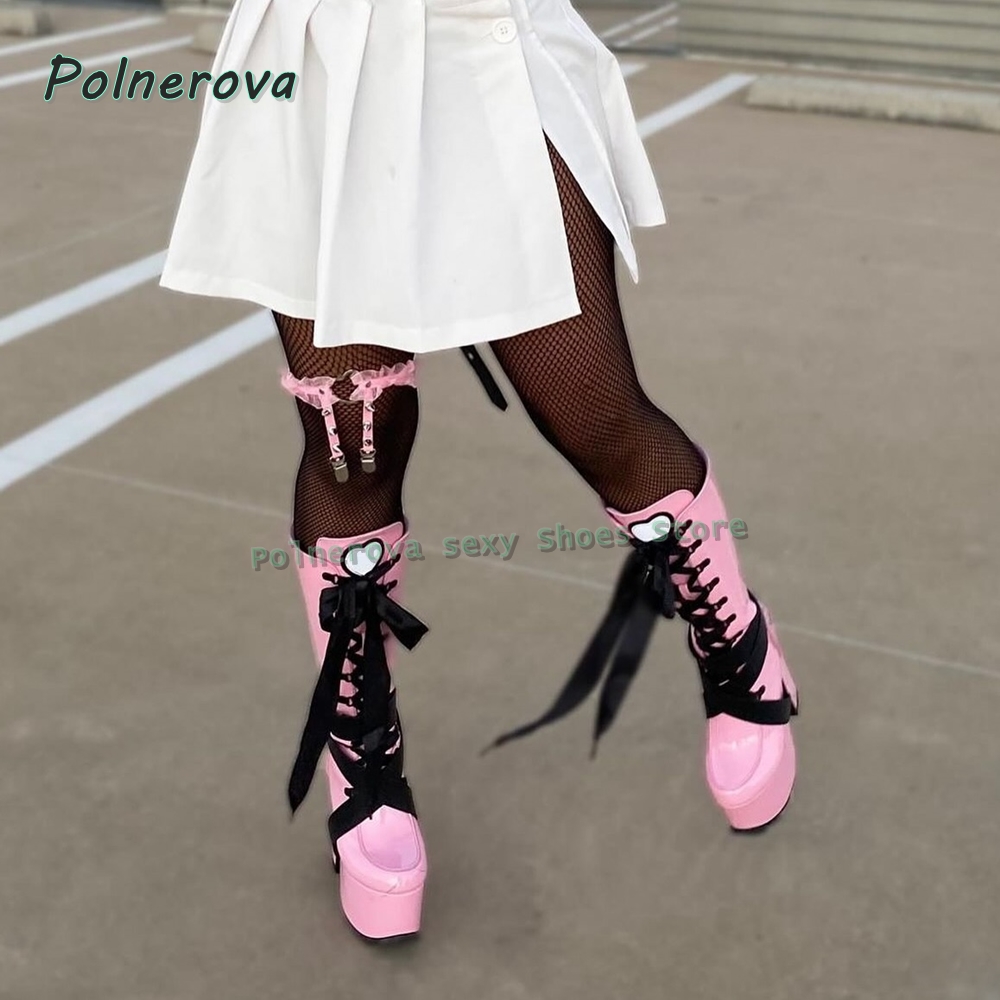 Women Shoes Size Chart - レディースピンクプラットフォームニーハイブーツ、ラウンドトゥ、レースアップ、パッチワーク、ボウ、ハート、ゴシック、パンク、Y2K、スイートゴス、ウェッジヒールシューズ、夏用
