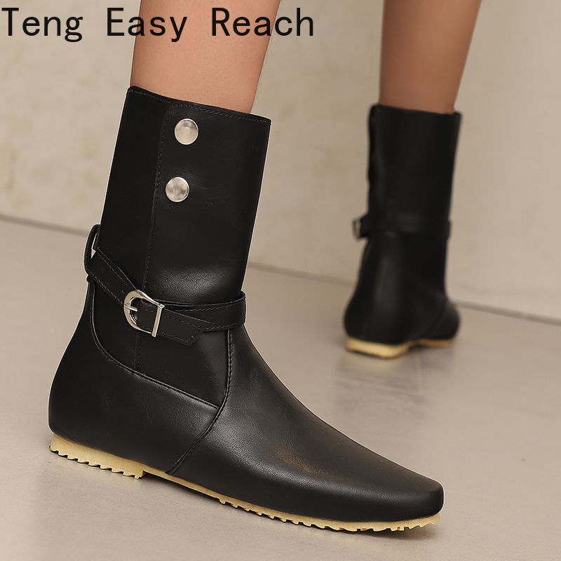Women'S Shoes Easy Street - 2026 冬のファッション女性のミッドアンクルロングブーツレトロスタイルラウンドヘッドフラットシューズサイズ 34-48