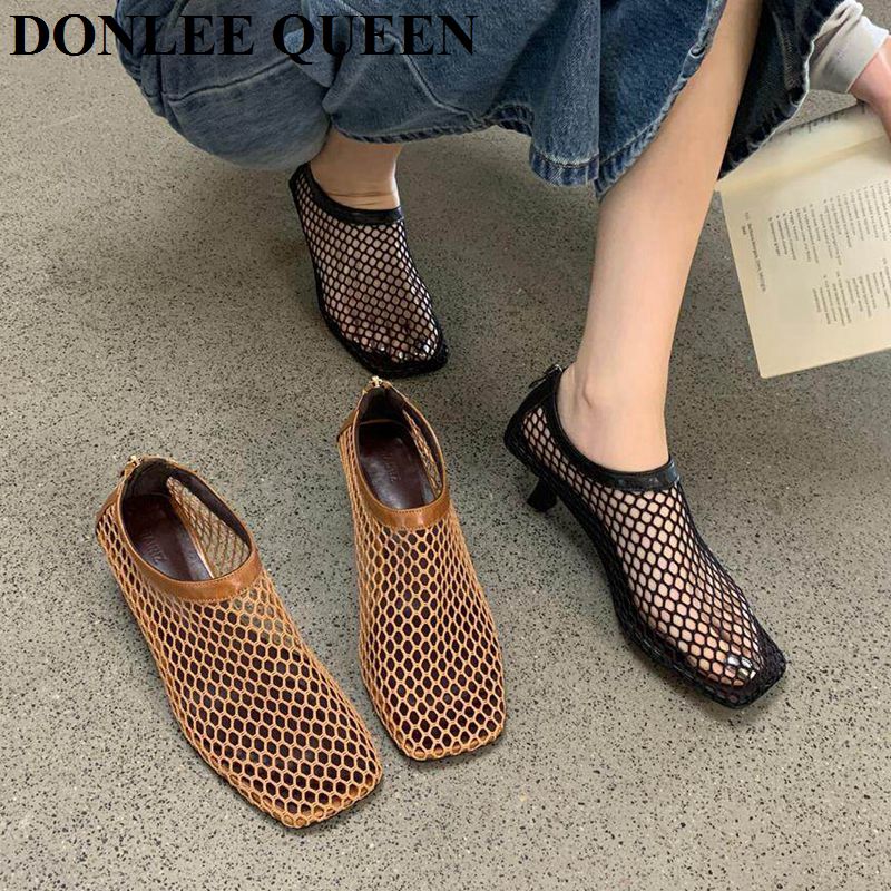 Women'S Shoes Kitten Heels - ヴィンテージメッシュスクエアトゥミュールサンダル、ローキトゥインヒール、中空バックジップパンプス、通気性のあるフィッシュネットトリム、カジュアルシューズ（女性用）