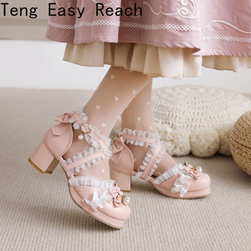 Women'S Shoes Easy Street - 甘い女性のローヒールメリージェーンロリータサンダル高級レースフリルホワイトピンクヒールパーティー結婚式ダンスシューズ女性夏
