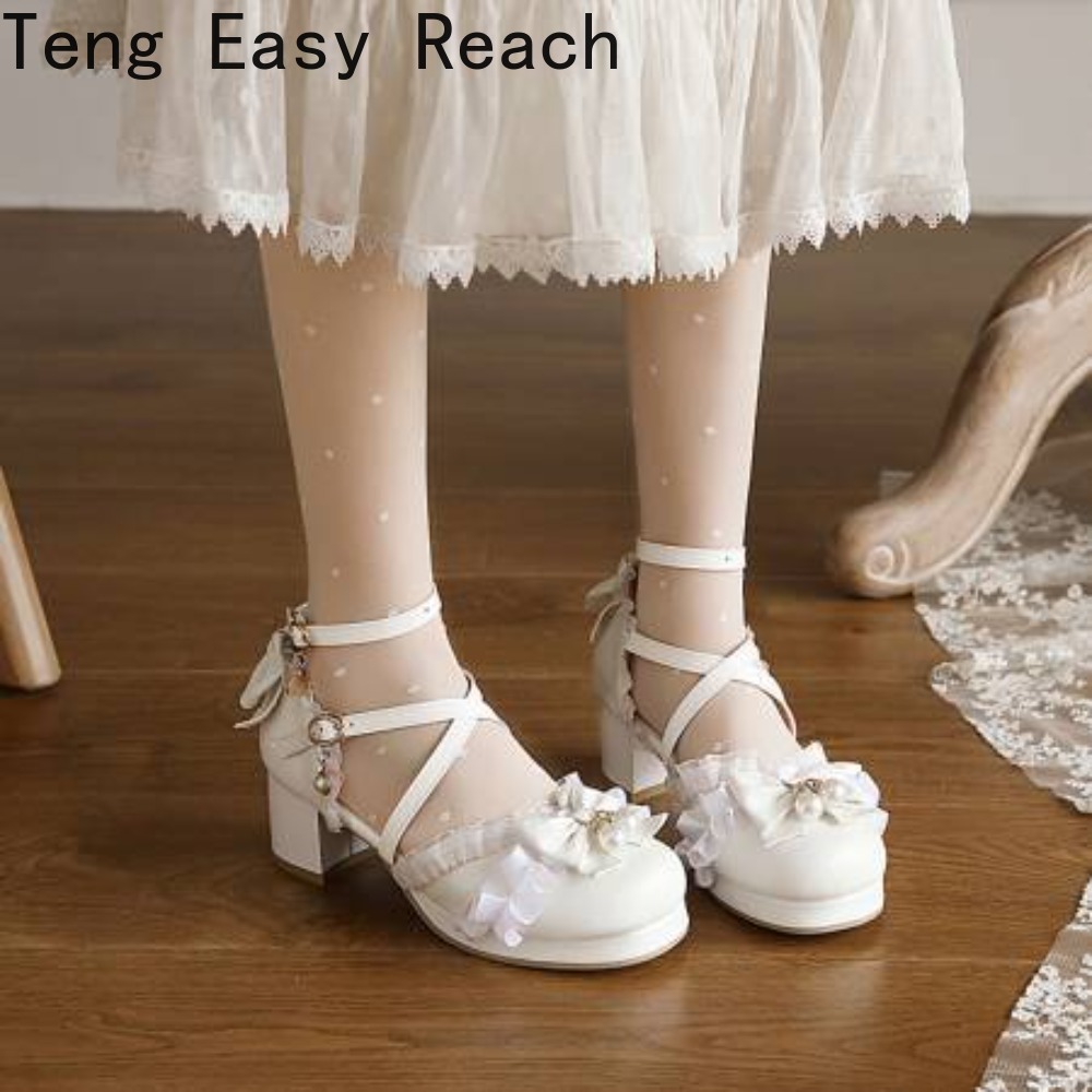 Women'S Shoes Easy Street - 女性のホワイトベージュピンクサンダルちょう結びクロス T ストラップフリルハイヒール学生女の子ロリータパーティードレスシューズビッグサイズ 32-43
