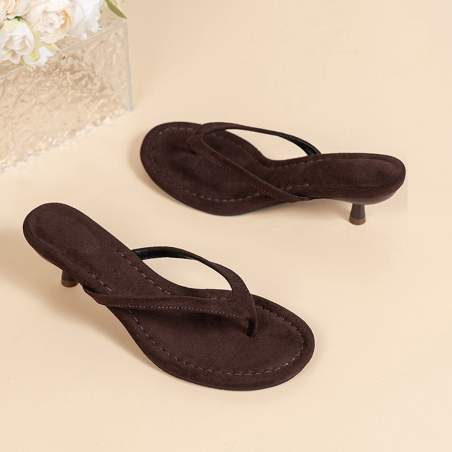 Women'S Shoes Kitten Heels - 新型フェイクスエードヒール付きトングサンダル レディース ミニ薄型キトゥンヒール スライドシューズ 女性用 滑り止め