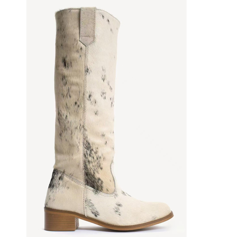 Western Cowgirl Boot - 女性用カウプリントヘアラウンドトゥブロックヒールニーハイブーツ、ウエスタンカウガールブーツ、スリップオンヴィンテージ斑点ロングライディングブーツ