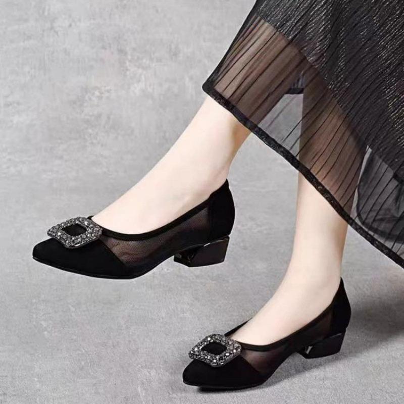 Women Shoes Size - エレガントなポインテッドトゥメッシュブロックヒールパンプス、ラインストーンスクエアバックル装飾の浅履きシューズ、通気性のある女性用オフィスシューズ