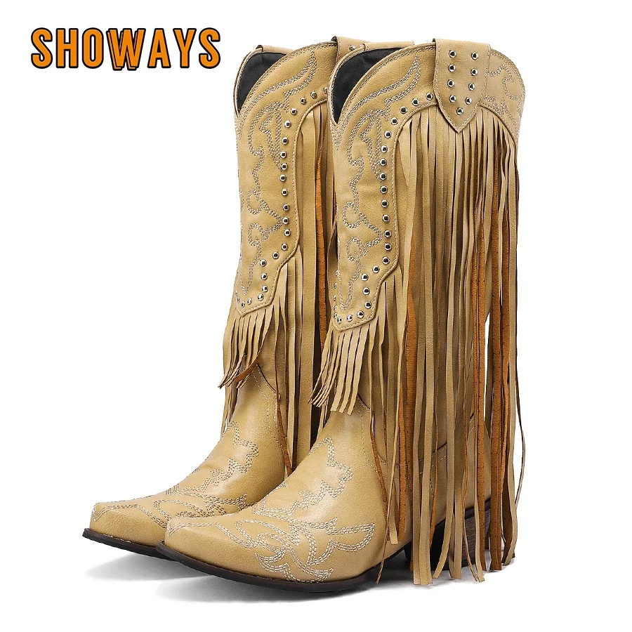 女性用フリンジリベット付きミッドカーフブーツ、赤と黄色、刺e - Western Cowgirl Boot のレビューと価格