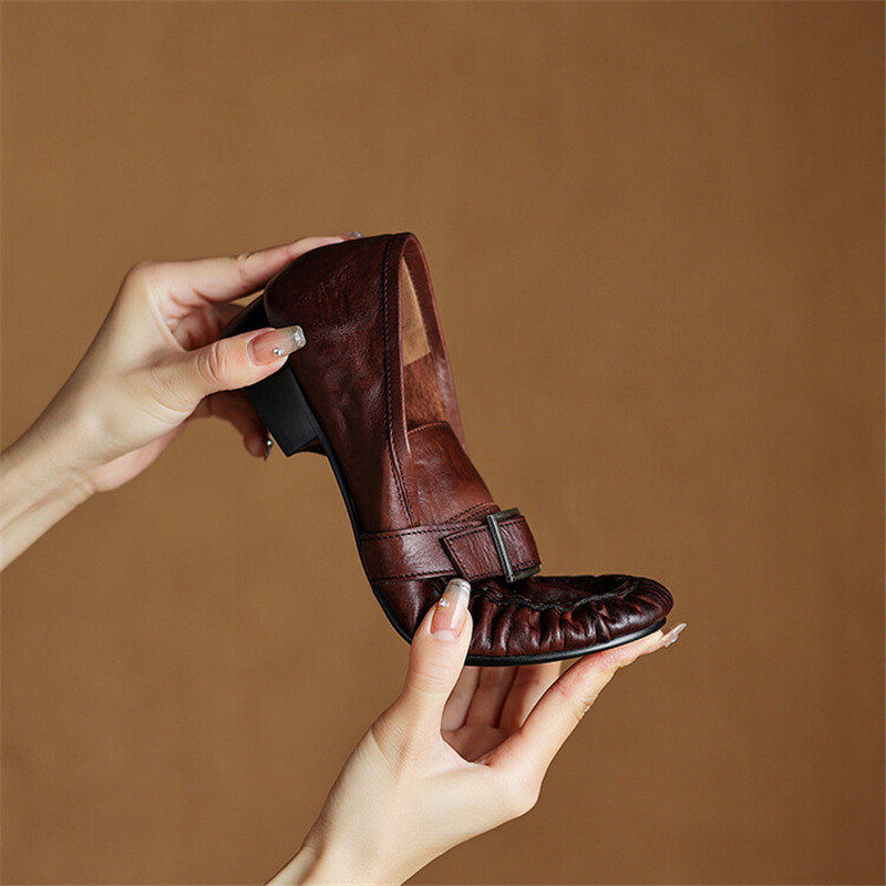 女性用本革モカシン,丸いつま先の靴,プリーツパンプス,厚手の - Women Shoes Size のレビューと価格