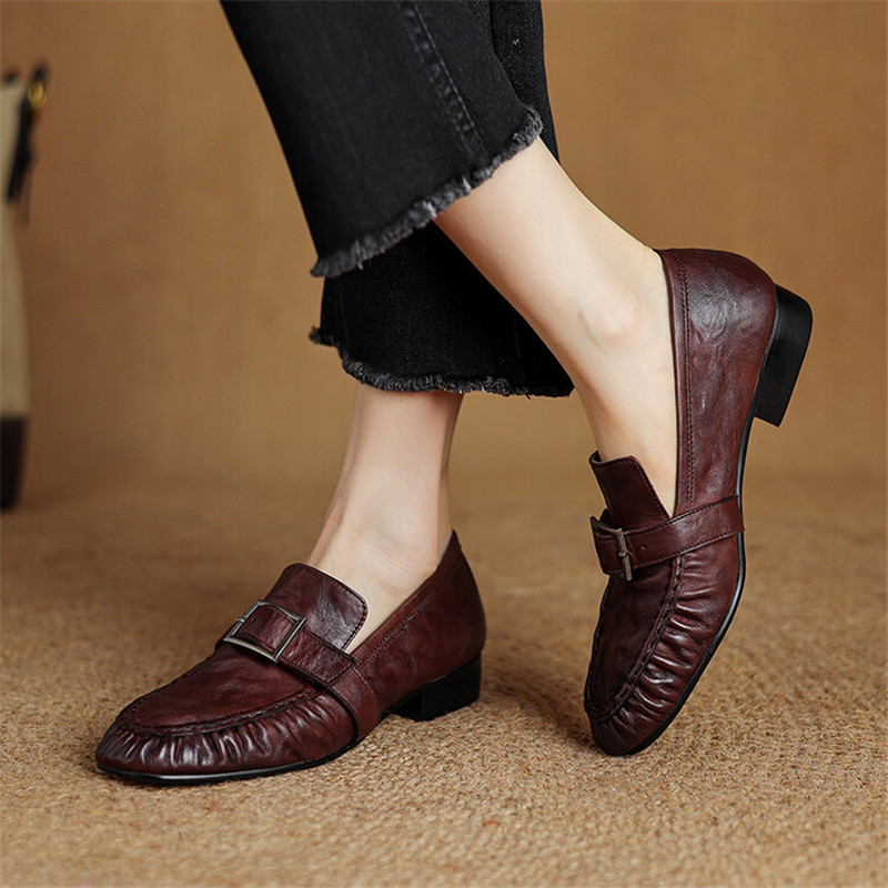 女性用本革モカシン,丸いつま先の靴,プリーツパンプス,厚手の - Women Shoes Size のレビューと価格