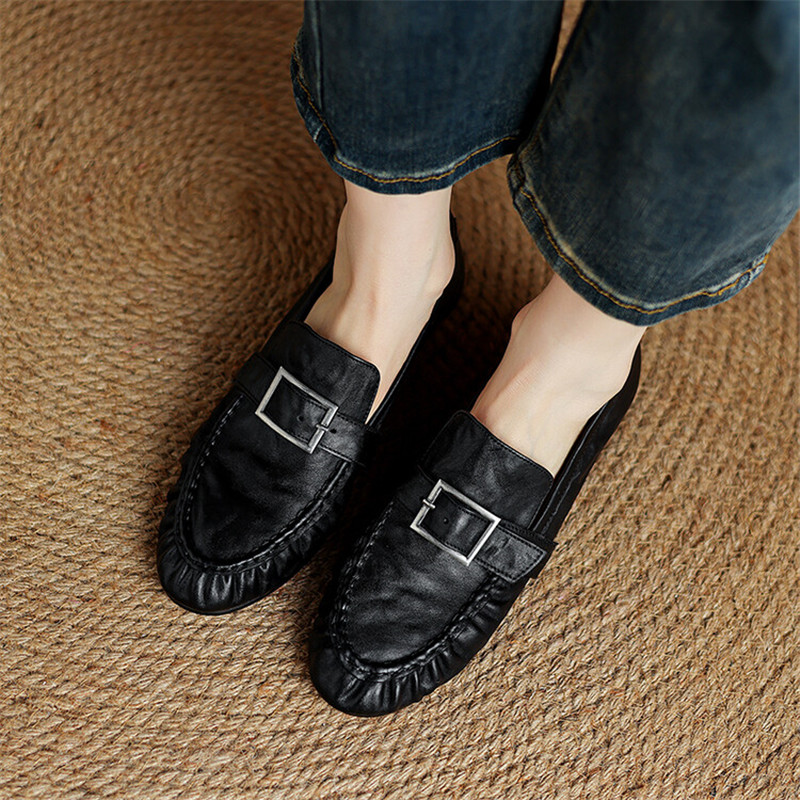 女性用本革モカシン,丸いつま先の靴,プリーツパンプス,厚手の - Women Shoes Size のレビューと価格