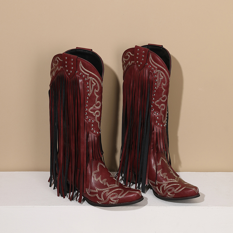 女性のためのミッドカーフブーツ、刺繍フリンジ、ハイブロックヒ - Western Cowgirl Boot のレビューと価格