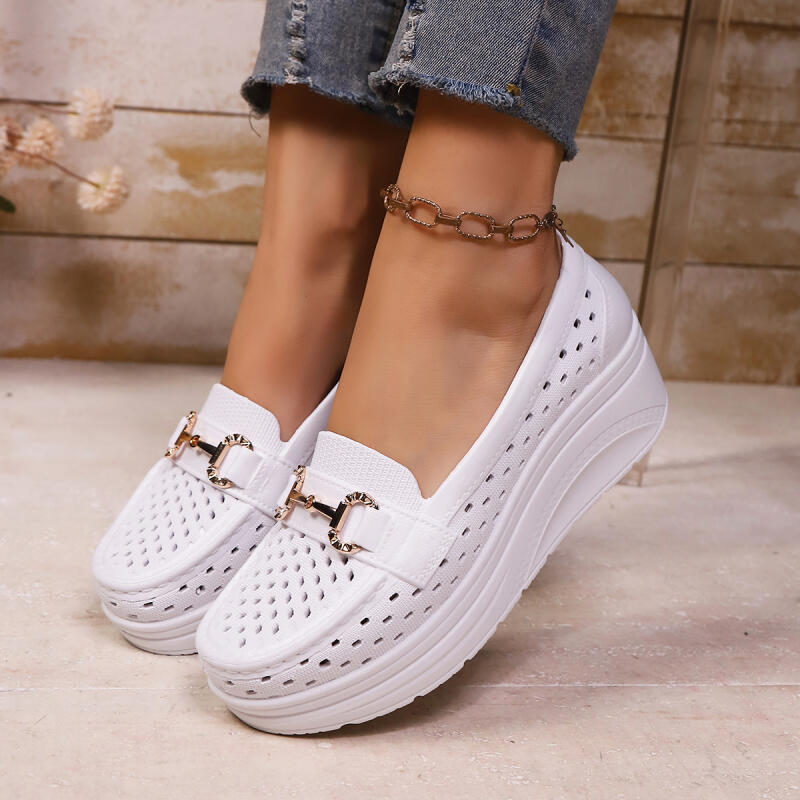ソフト厚底身長アップホワイトローファー女性2026夏中空ウェ - Women Shoes Size Chart のレビューと価格