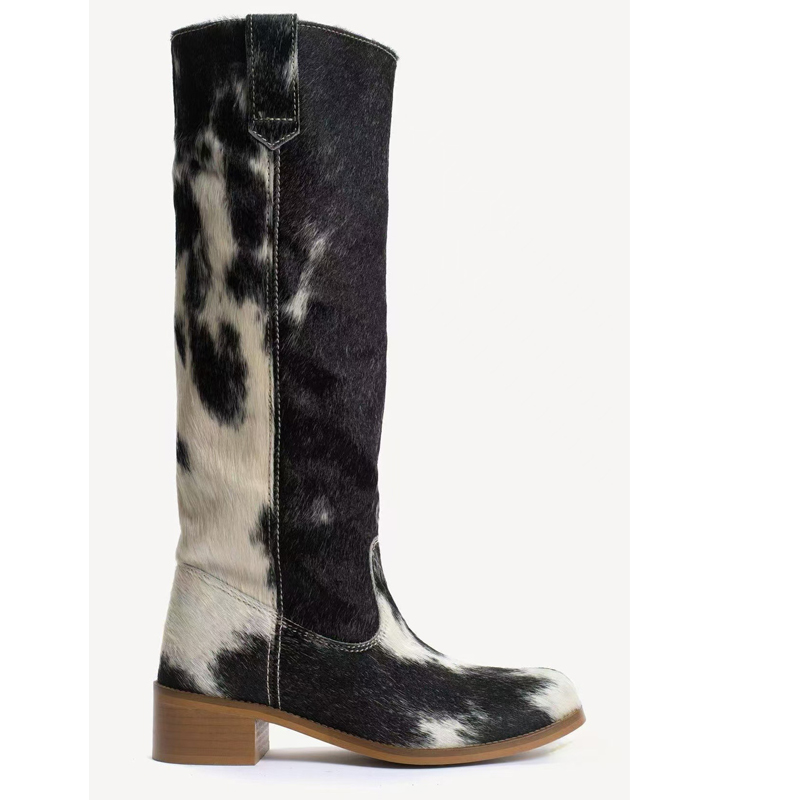 女性用カウプリントヘアラウンドトゥブロックヒールニーハイブー - Western Cowgirl Boot のレビューと価格