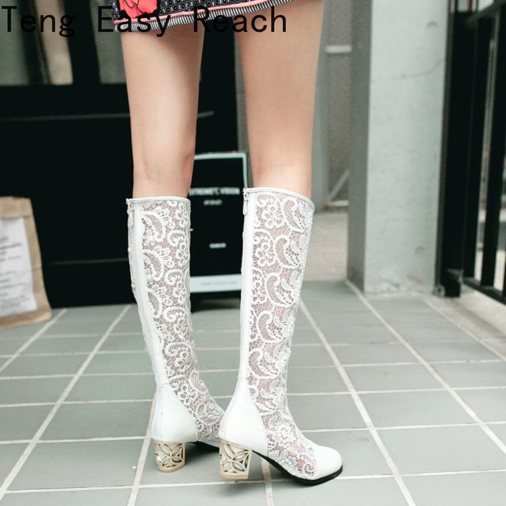 春夏ブーツ靴女性メッドヒール膝花レース女性ジッパーグリッター - Women'S Shoes Easy Street のレビューと価格