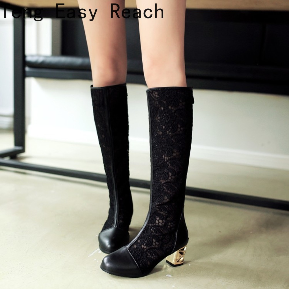 春夏ブーツ靴女性メッドヒール膝花レース女性ジッパーグリッター - Women'S Shoes Easy Street のレビューと価格
