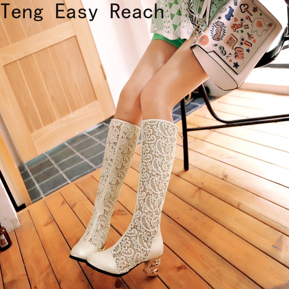 春夏ブーツ靴女性メッドヒール膝花レース女性ジッパーグリッター - Women'S Shoes Easy Street のレビューと価格