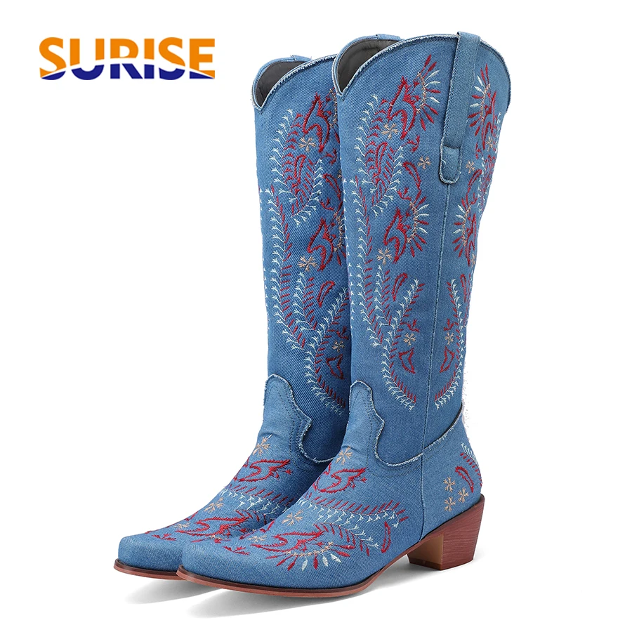 ブルーデニムウエスタンカウガールニーハイブーツ女性刺繍フラワ - Western Cowgirl Boot のレビューと価格